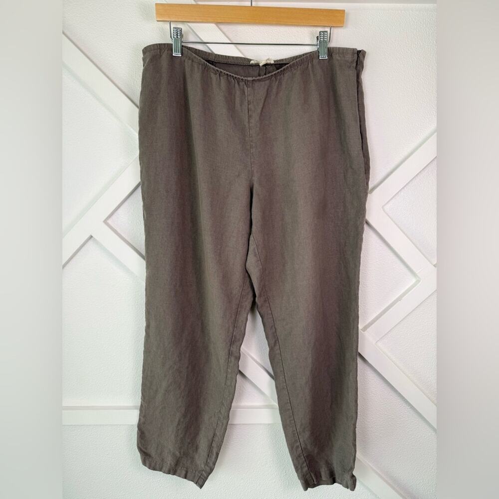 Eileen Fisher 100% Linen Cropped Pants Size L Brown Elastic Waist Side Zip